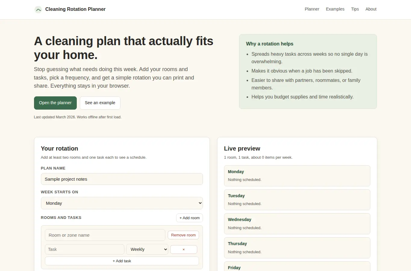 Screenshot of Cleaning Rotation Planner interface showing the project page in use